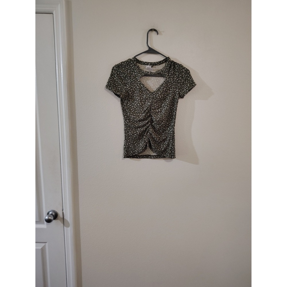 No Boundaries Womens Ditsy Floral Cutout Ruched Front Top Green Size Small 3-5